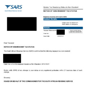 SARS Non-Resident Tax Status Confirmation Letter - Cease Tax Residency